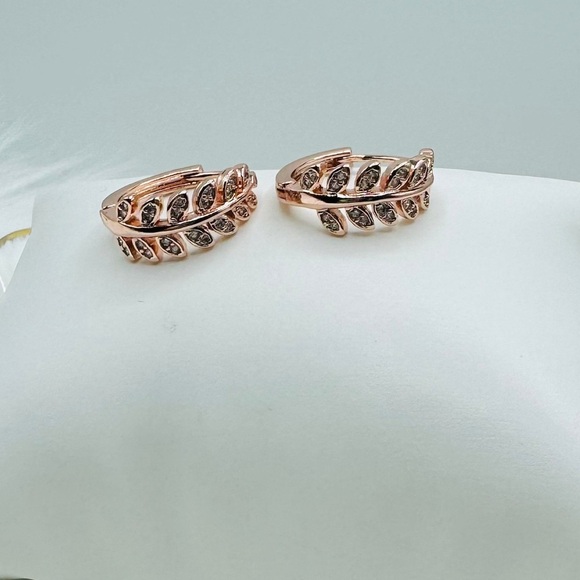 Zircon Olive Branch Leaf Small Hoop Earrings - Gold & Rose Gold Set - Picture 3 of 8